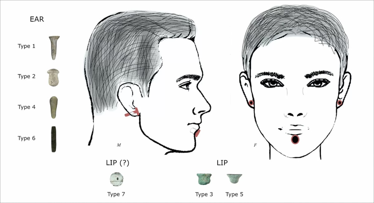 Απεικόνιση της υποθετικής χρήσης στα χείλη και στα αυτιά στο Boncuklu Tarla. [Credit: Baysal et al, Antiquity 2024]