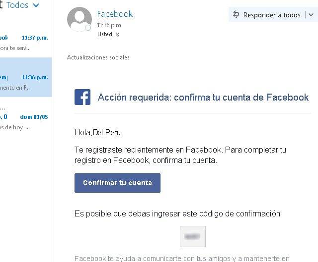 Confirmar cuenta Facebook