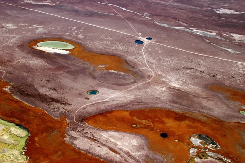 The Ojos del Salar “The Eyes of the Salt Flat” Two perfectly round pools in the middle of a wide expanse of cracked earth, sand and brittle clumps of grass. 