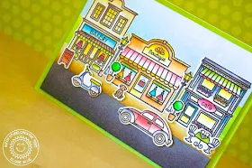 Sunny Studio Stamps: City Streets Fun Street Scene Card by Eloise Blue.