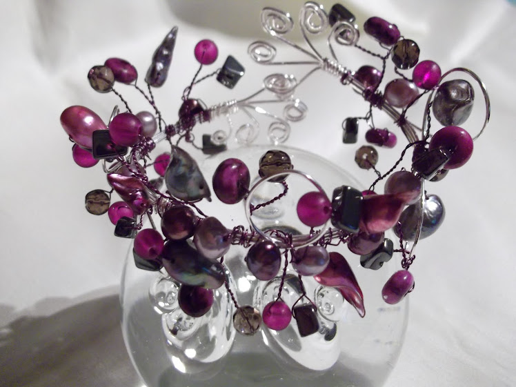 Freshwater pearl and gemstone wirework cuff bangle