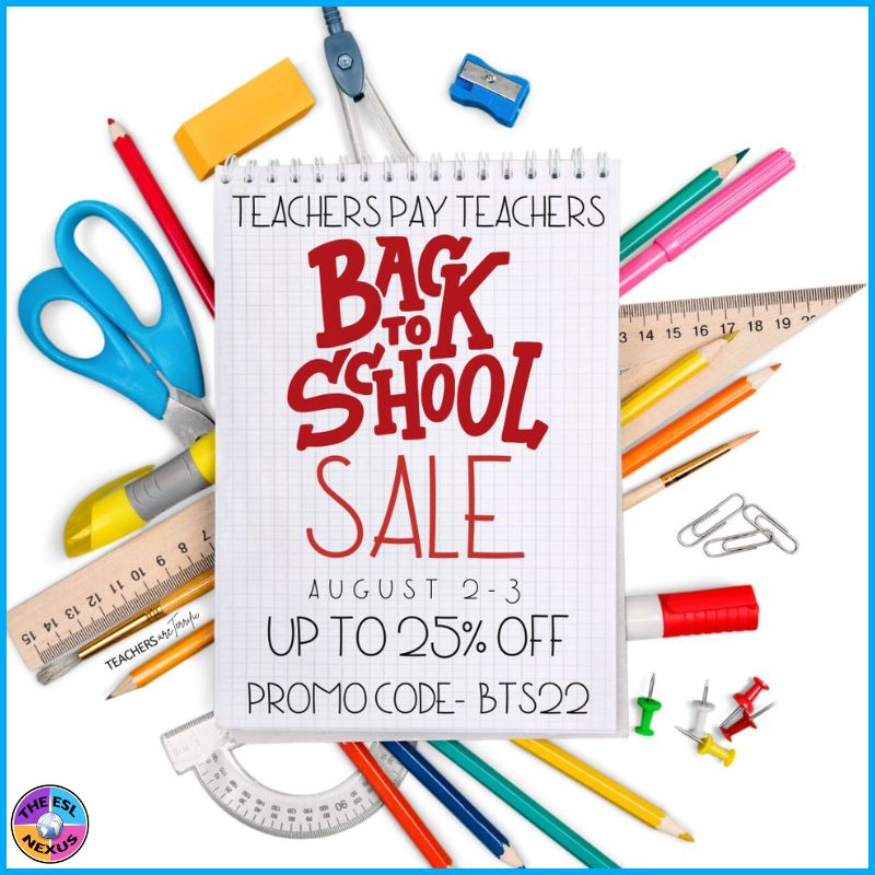 Photo of school supplies with TpT Sale Announcement on notepad paper in middle of image