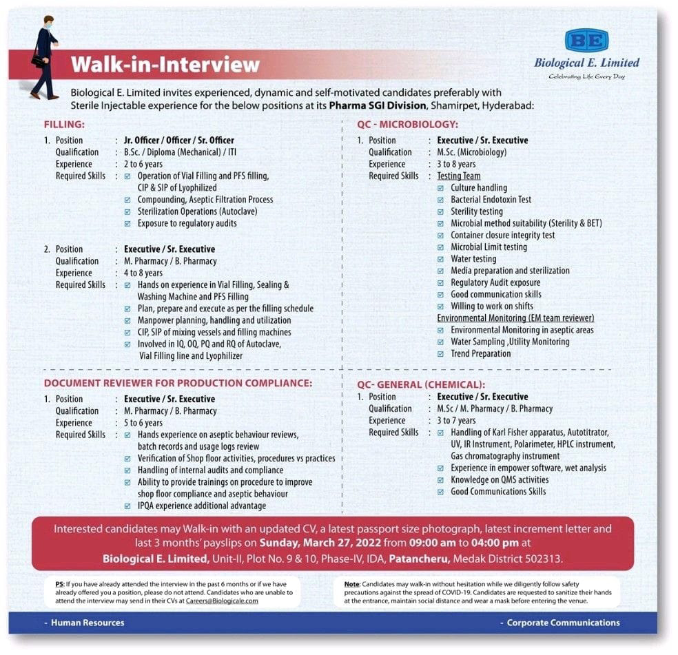 Job Availables,Biological E. Limited  Walk-In-Interview For B.Pharm/ M.Pharm/ BSc/ MSc/ Diploma/ ITI