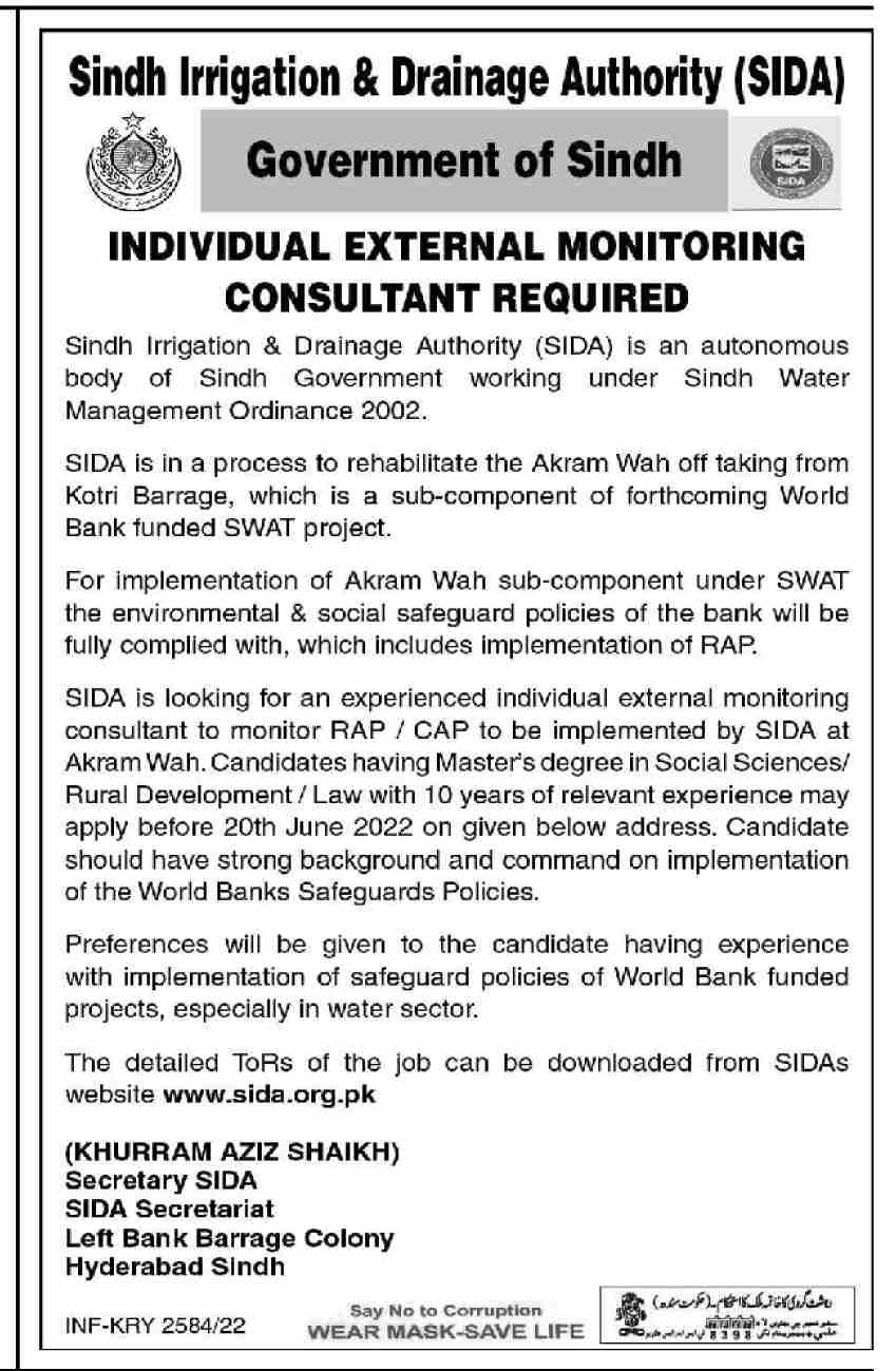 Latest Sindh Irrigation & Drainage Authority SIDA Consultant Posts Hyderabad 2022