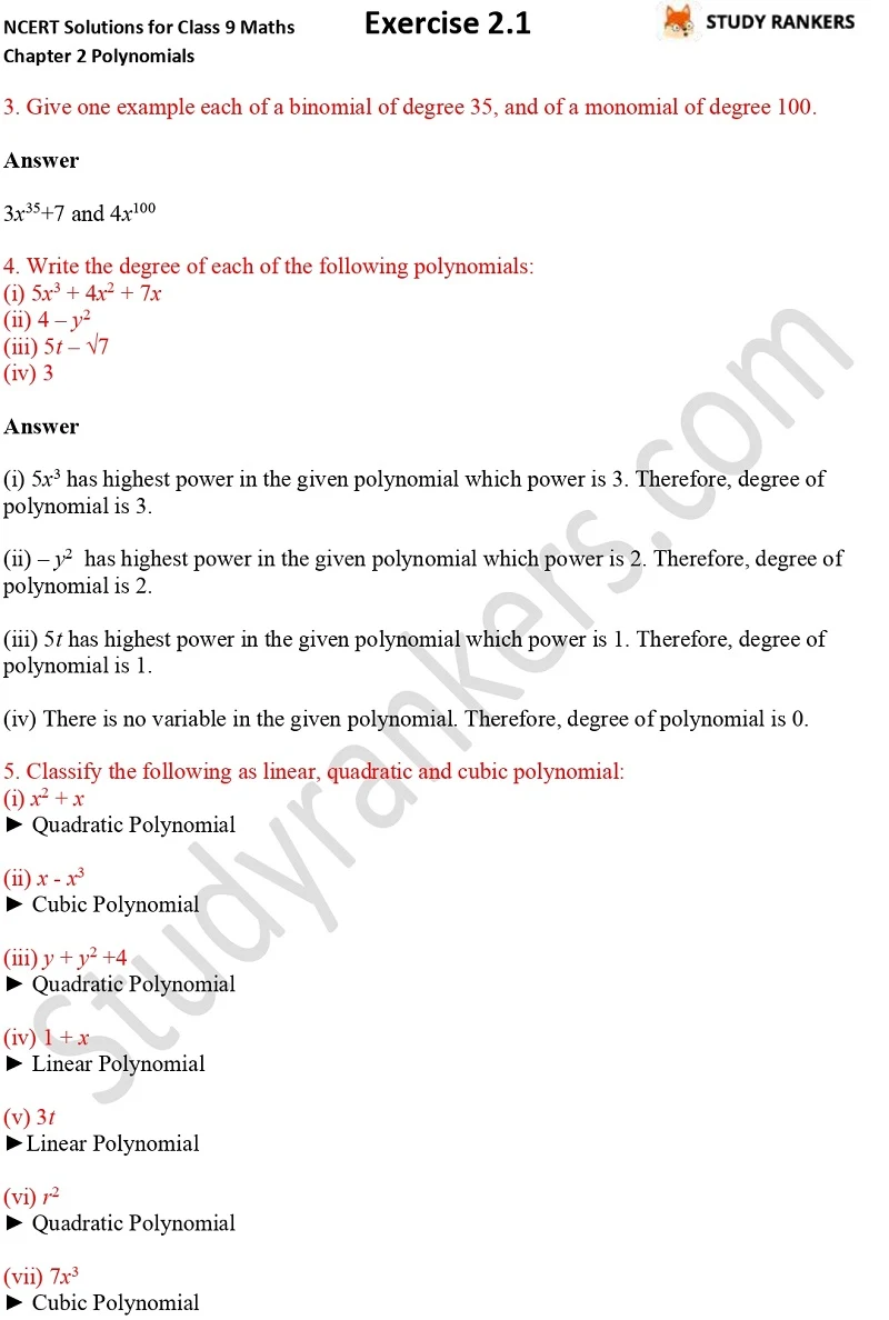 NCERT Solutions for Class 9 Maths Chapter 2 Polynomials Exercise 2.1 Part 2