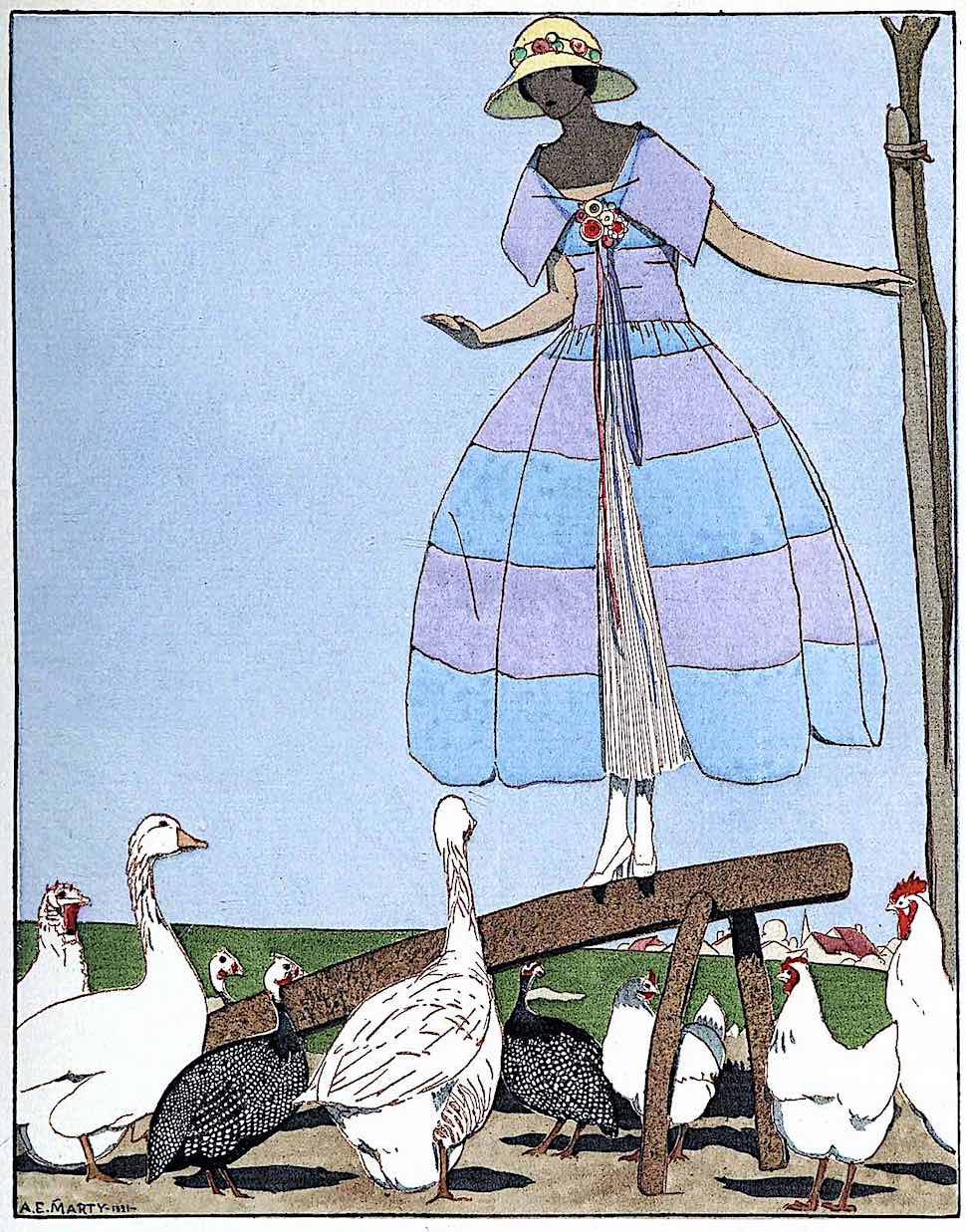 an A.E. Marty 1921 fashion illustration of a woman afraid of farm birds