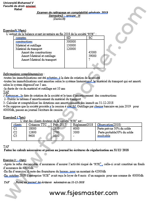 Exemple Examen Licence Epreuve de Comptabilité Générale II avec Corrigé 2019-2020 - Fsjes Souissi