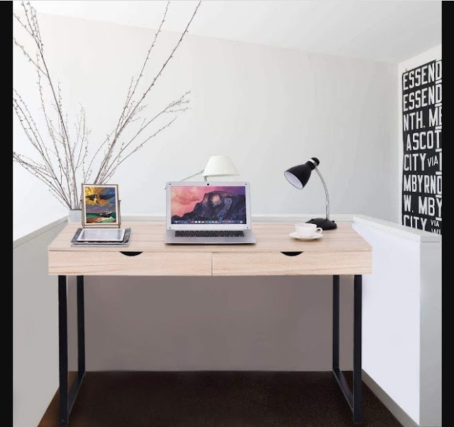 Desk Office Design with curved table based and rectangle flat eased wooden table top placed on black pile carpet light brown