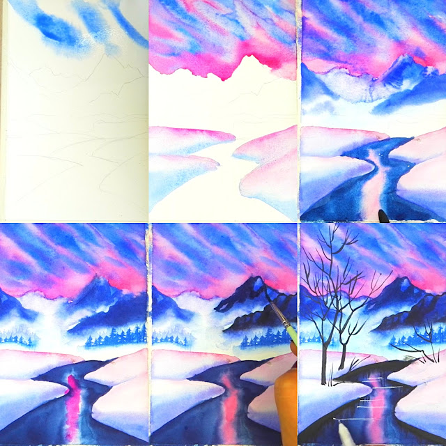 How to draw watercolor snow sunset landscape step by step tutorial