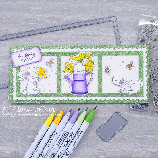 Hoppy Easter by Amy features Slimline Frames & Portholes, Slimline Frames & Windows, Hop Into Spring, Bitty Bunnies, Woodland Spring by Newton's Nook Designs; #newtonsnook, #eastercard, #springcard, #inkypaws, #cardmaking