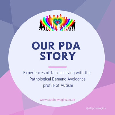 Pink and purple logo image with words our PDA story, experiences of families living with the Pathological Demand Avoidance profile of Autism