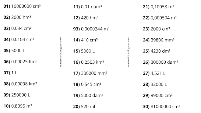 Lista de exercícios de conversão de volume