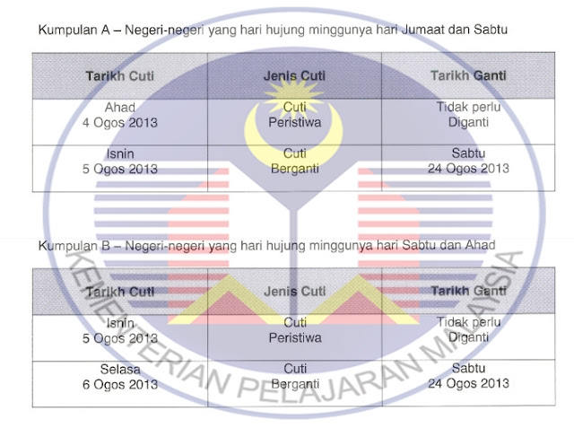 Cuti Berganti Sekolah Sempena Hari Raya Aidilfitri 2013