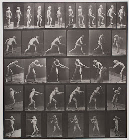 A series fo photographs of a nude man swinging a pickaxe.