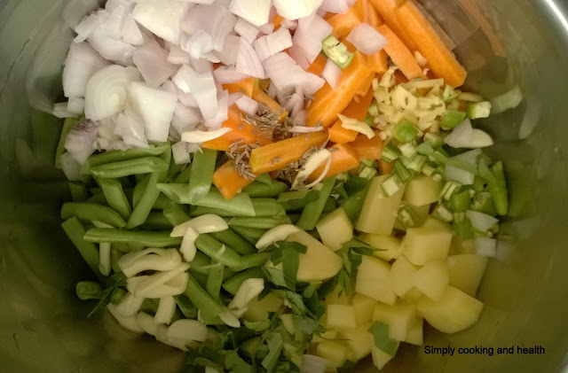 Carrot beans,potato onion green chili,garlic ginger,curry leaves and cumin