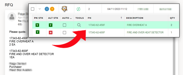 Showing an Aviation Email RFQ being Converted to an AI RFQ
