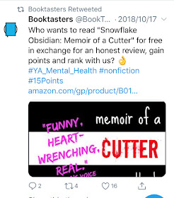 Screen print: Booktasters tweet: Snowflake Obsidian: Memoir of a cutter