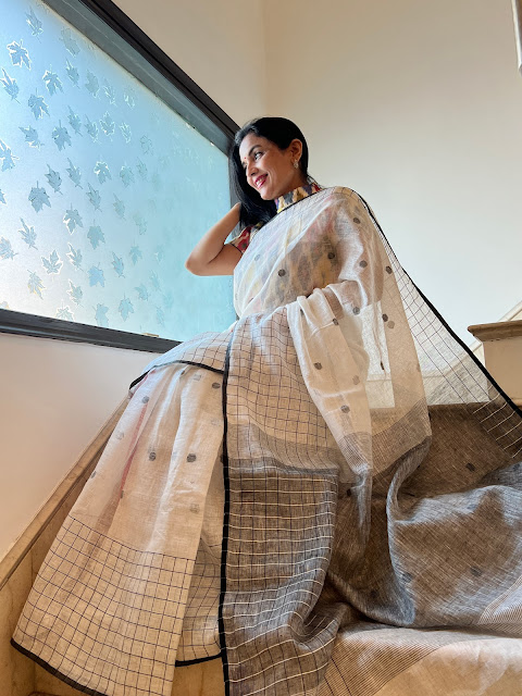 White and black linen saree