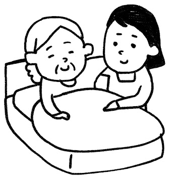 介護のイラスト「ベッドのおばあさん」 白黒線画