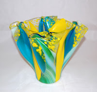 Yellow, blue and green fused glass vase