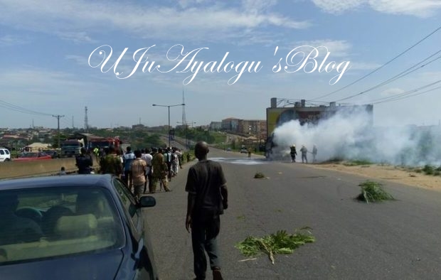 Bus fully loaded with Deeper Life members catches fire in Lagos (PHOTOS)