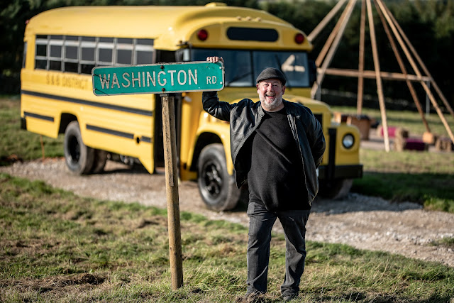 Johnny Vegas with US schools glamping accommodation
