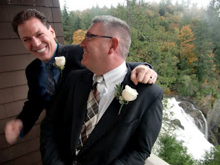 Ed and Lars on balcony at the Salish Lodge and Spa.  Photo by Patricia Stimac