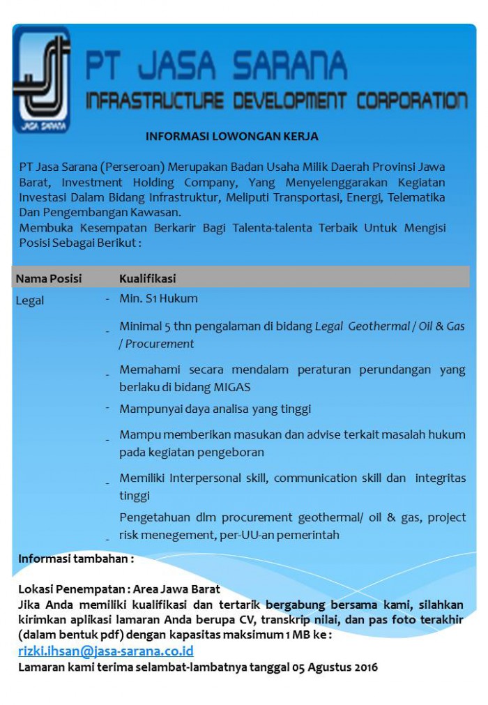 Lowongan Kerja PT. Jasa Sarana ( Perseroan ) Juli 2016 