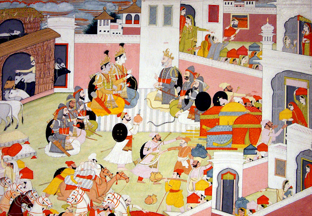 Rama and Krishna being received at the Court of the King Ugrasena at Mathura