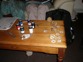 A table with paintpots and pens showing the layout of the bandit camp, dried seed pods showing undergrowth, and tokens indicating the characters.