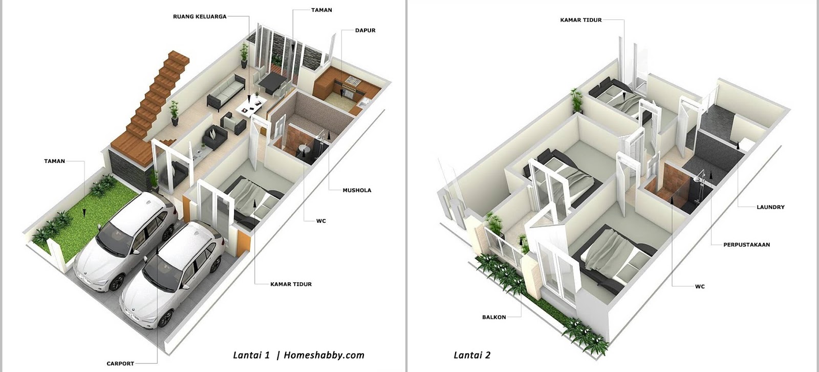 Desain dan Denah Rumah Bertingkat Ukuran 7 x 15 M Lengkap dengan Mushola dan Perpustakaan 