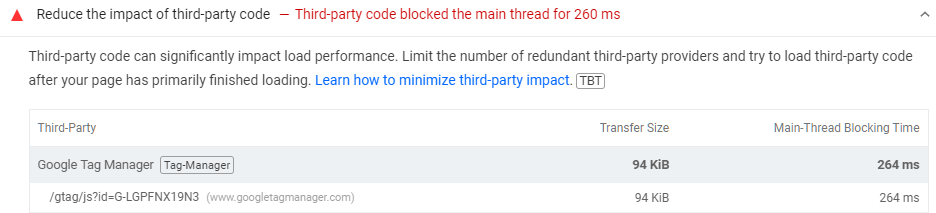 Screenshot of "Reduce the impact of third-party code" diagnostic for Google Tag Manager