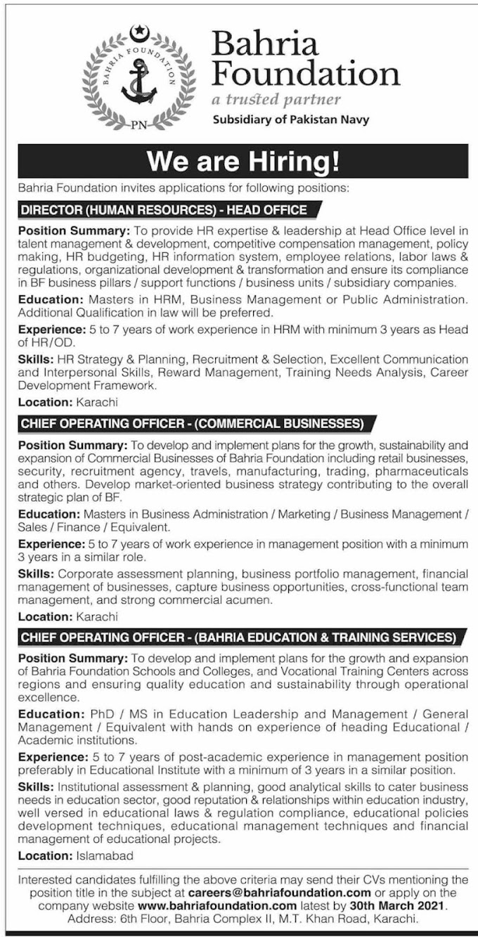 Bahria Foundation Jobs 2021