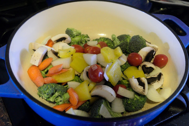 The chopped, fresh, vegetables added to the dutch oven.