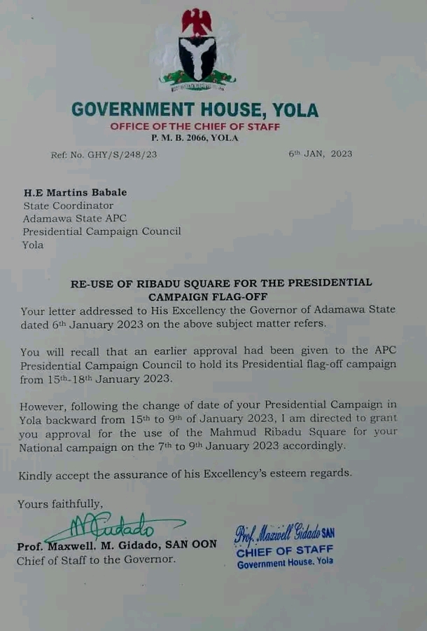 Adamawa State Government grants APC permission for the use of Muhmud Ribadu Square, Yola for its rally.