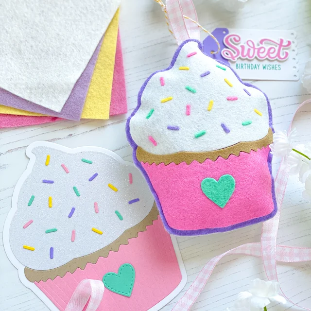 Sunny Studio Stamps: Cupcake Shape Dies Gift Card Pocket Dies Build-A-Tag Dies Candy Shoppe Felt Cupcake Plushie by Leanne West