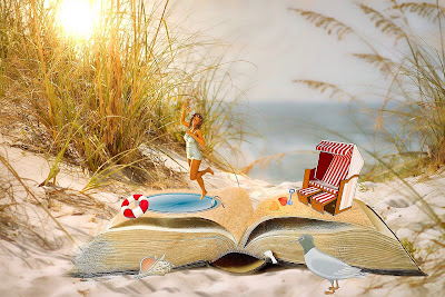 Surreal: A small woman jumps into a pool in an open book.