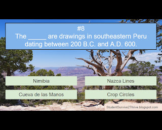 The _____ are drawings in southeastern Peru dating between 200 B.C. and A.D. 600. Answer choices include: Nimibia, Nazca Lines, Cueva de las Manos, Crop Circles