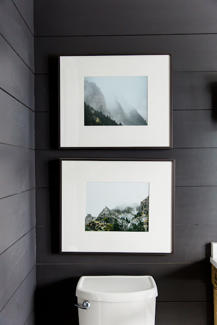 Shiplap walls painted black in bathroom with modern farmhouse style