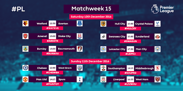 JADUAL PERLAWANAN EPL 10 DISEMBER 2016 !