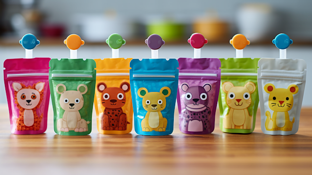Colorful display of Reusable Baby Food Pouches