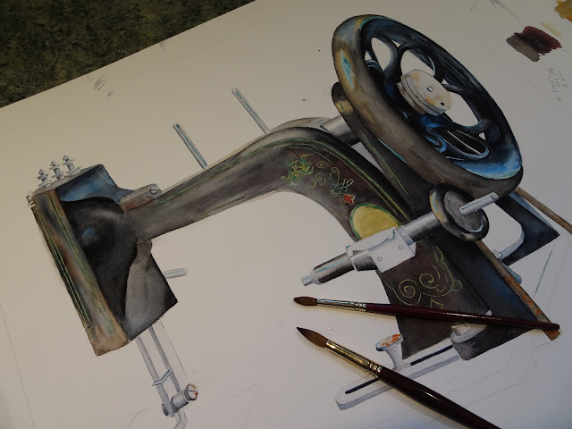 Danielle Beaulieu watercolour of antique sewing maching WIP shades of grey