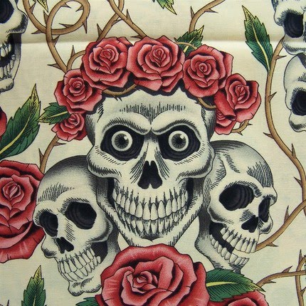 One yard of destash novelty fabric Skulls n Roses 39The Rose Tattoo 39 by