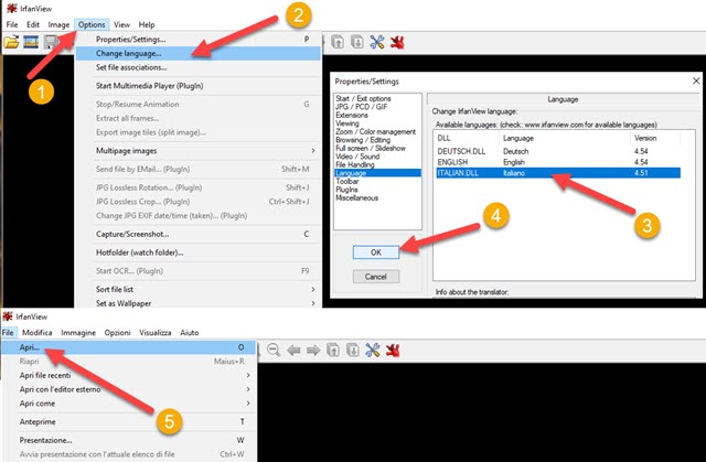 cambiare la lingua di irfanview visualizzatore di foto
