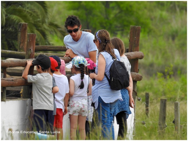 Un grupo escucha la clase sobre los chanchos - Chacra Educativa Santa Lucía