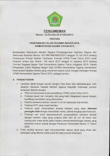 Pengumuman Lowongan penerimaan cpns kementrian Agama tahun 2013