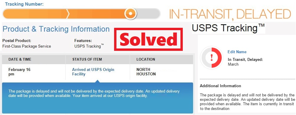 USPS In transit, delayed: the package is delayed and will not be delivered