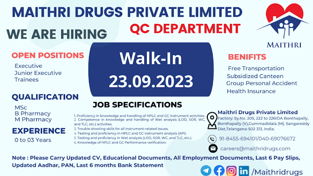 Maithri Drugs | Walk-in Interview for Freshers and Experienced on 23rd Sep 2023