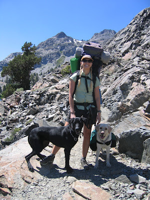 Career change dog yellow Lab Lourdes with her adopter, Elaine Zilonka and Ruby, a black lab/greyhound mix, on the hiking trail.