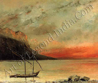 Sunset on Lake Geneva Painted in 1874, during his exile, this quiet evening scene is one of many views of Lake Geneva which Courbet executed in his final years. On the far shore is France forbidden territory. 
